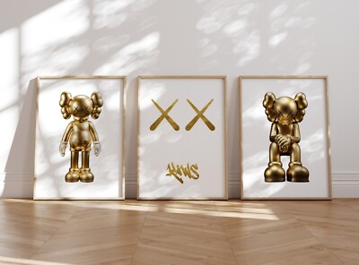 Set of 3 White Gold Kaws Art pieces canvas wall home decor
