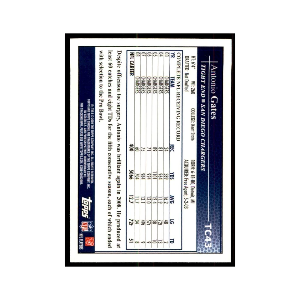 2009 Topps Chrome Antonio Gates Football Cards #TC43 - Image 2 of 3