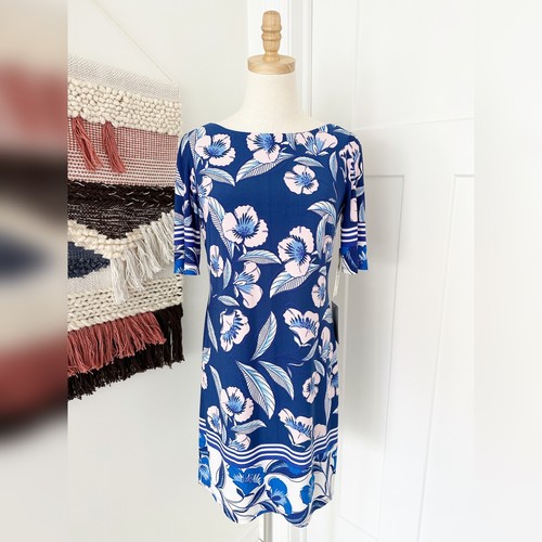 Eliza J Short Sleeve Floral Stretch Jersey Shift Dress Blue Size 6 Petite NWT - 第 1/11 張圖片