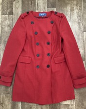 Evie Women’s Red Double Breasted Coat Collarless Mid Length Lined Uk12 A57