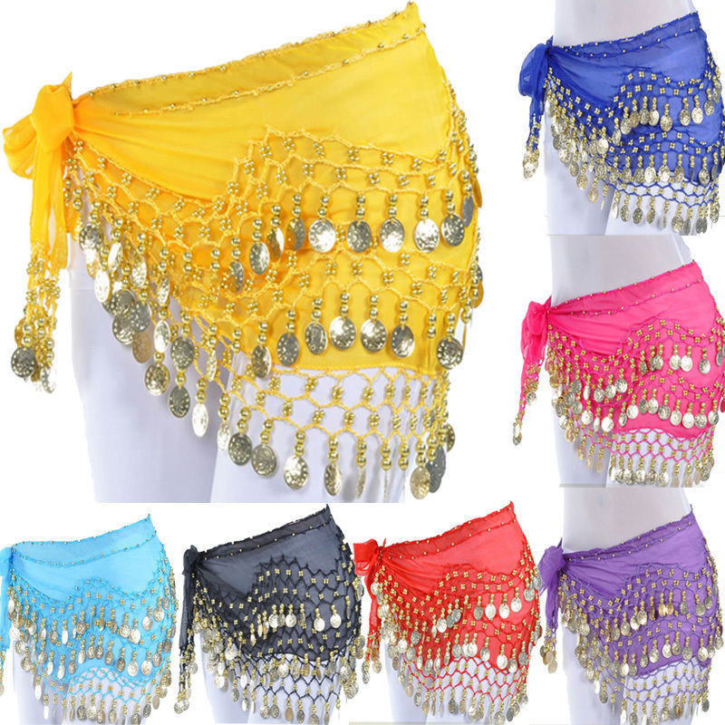 Rows 128 Gold Coins Belly Dance Costume Hip Scarf Skirt Belt