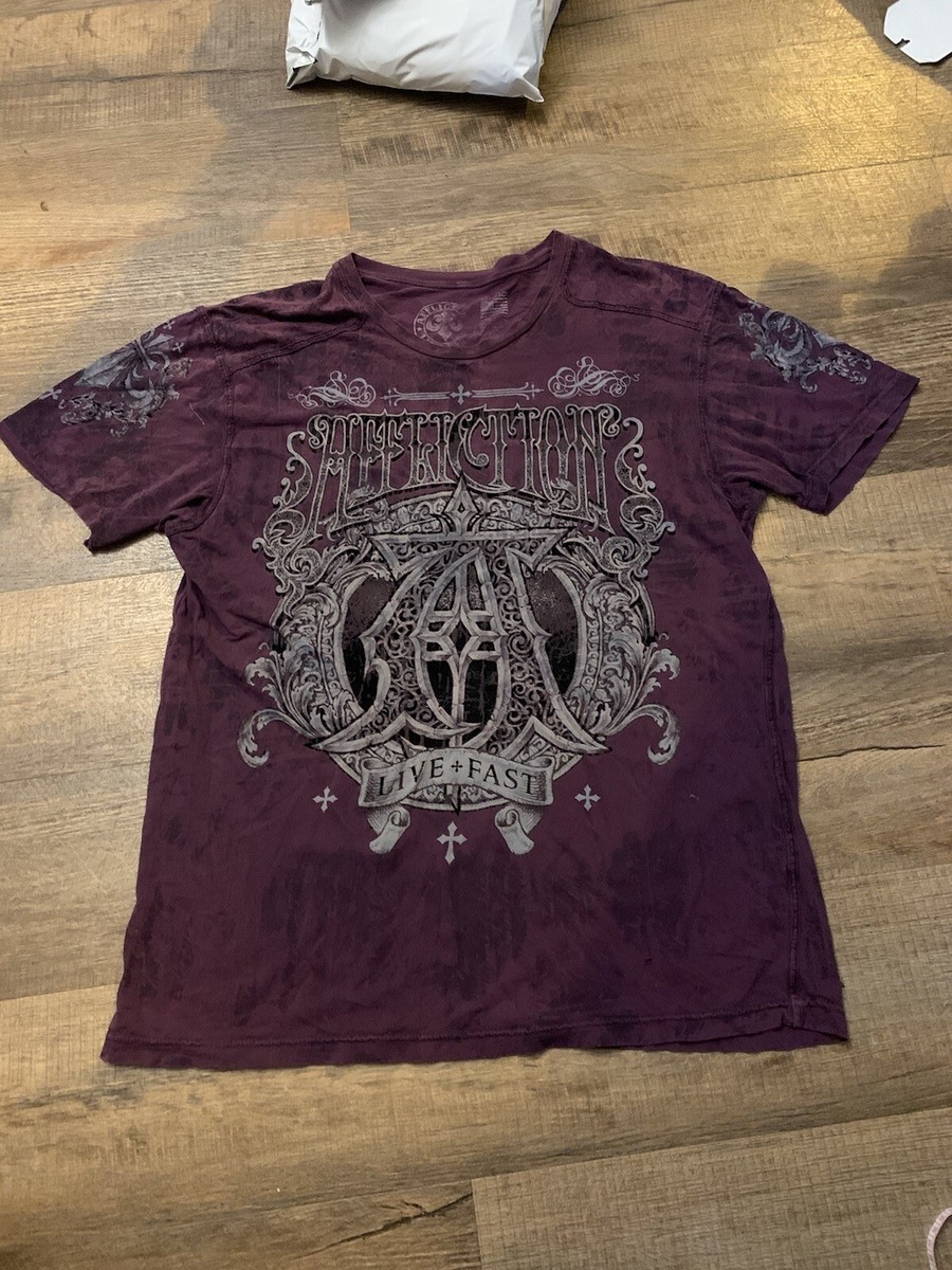 RARE PURPLE 2000S AFFLICTION MMA AMERICAN LIVE FAST SHIRT AOP