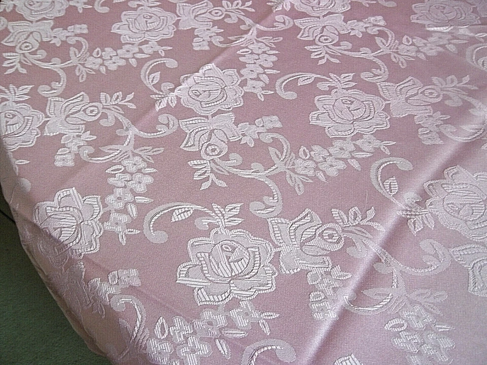 Pink Floral Damask Tablecloth 52" x 52" Shiny Silky 100% Polyester No Iron - Image 3 of 4