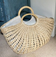 Primark Large Straw Beach Tote Bag Wood Handles Lined Zip Pockets 57x43cm GC