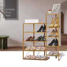 30" Brown Bamboo [ZIG-ZAG TWIN STAND] 10-Tier Shoes Rack w/Boots Storage Shelves