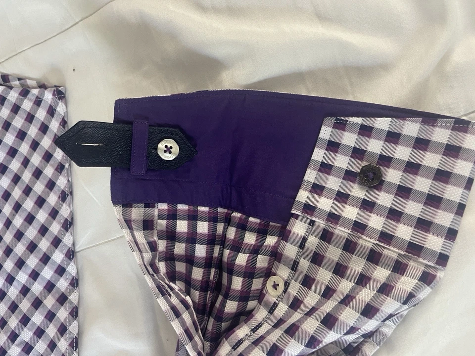 Bogosse Men’s Dress Shirt L Purple Navy Check Cotton Contrast Cuff NWT $215 - Image 3 of 4