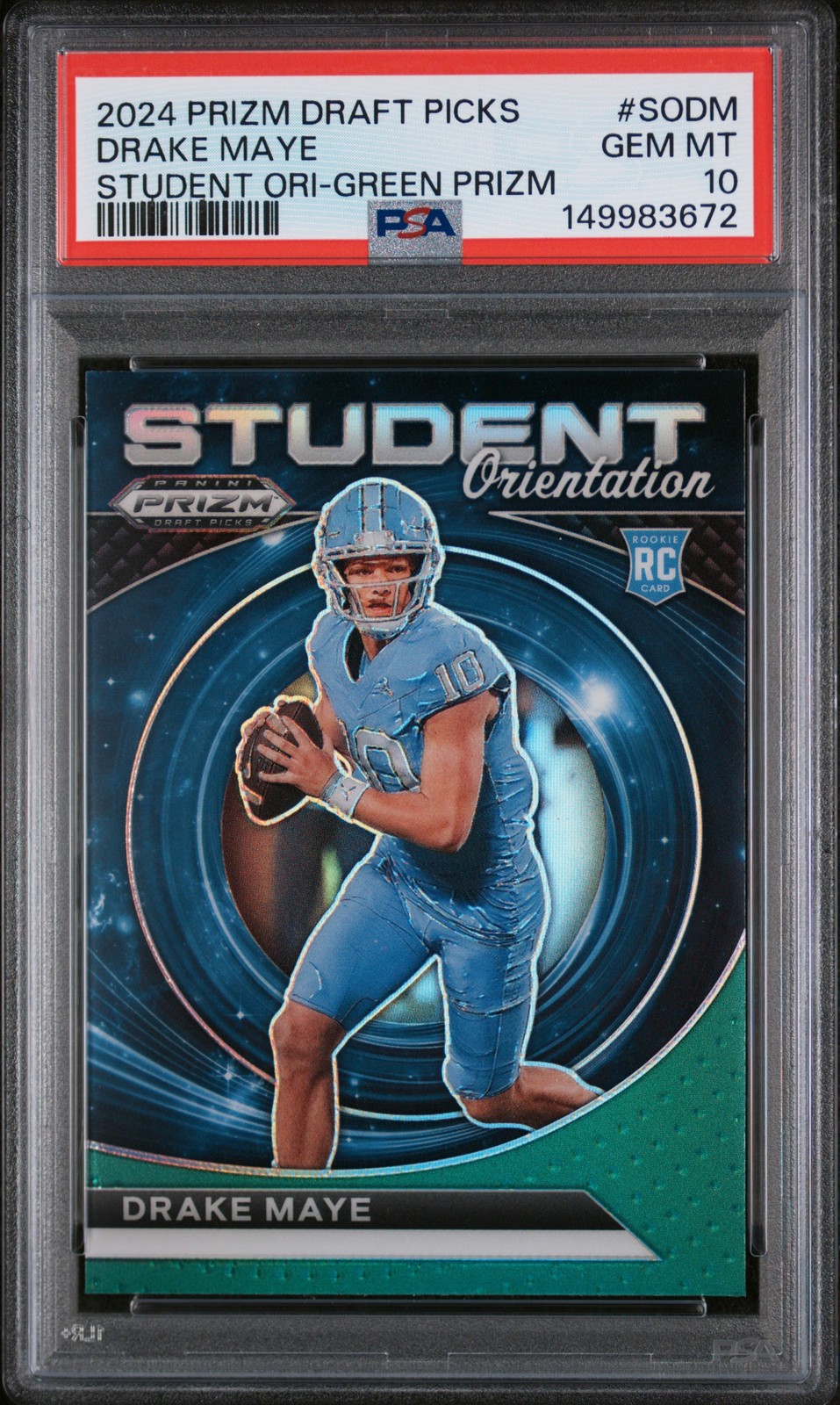 2024 PANINI PRIZM DRAFT PICKS STUDENT ORIENTATION GREEN PRIZM DRAKE MAYE PSA 10