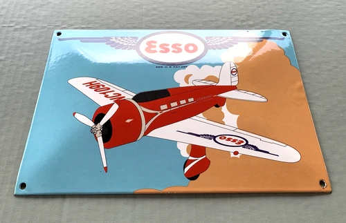 VINTAGE 12x8" DOME ESSO AVIATION PLANE GASOLINE OIL PUMP STATION PORCELAIN SIGN