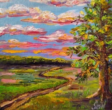 Original Art Life Tree Oil Textured Painting Impressionism Oak Meadow Landscape