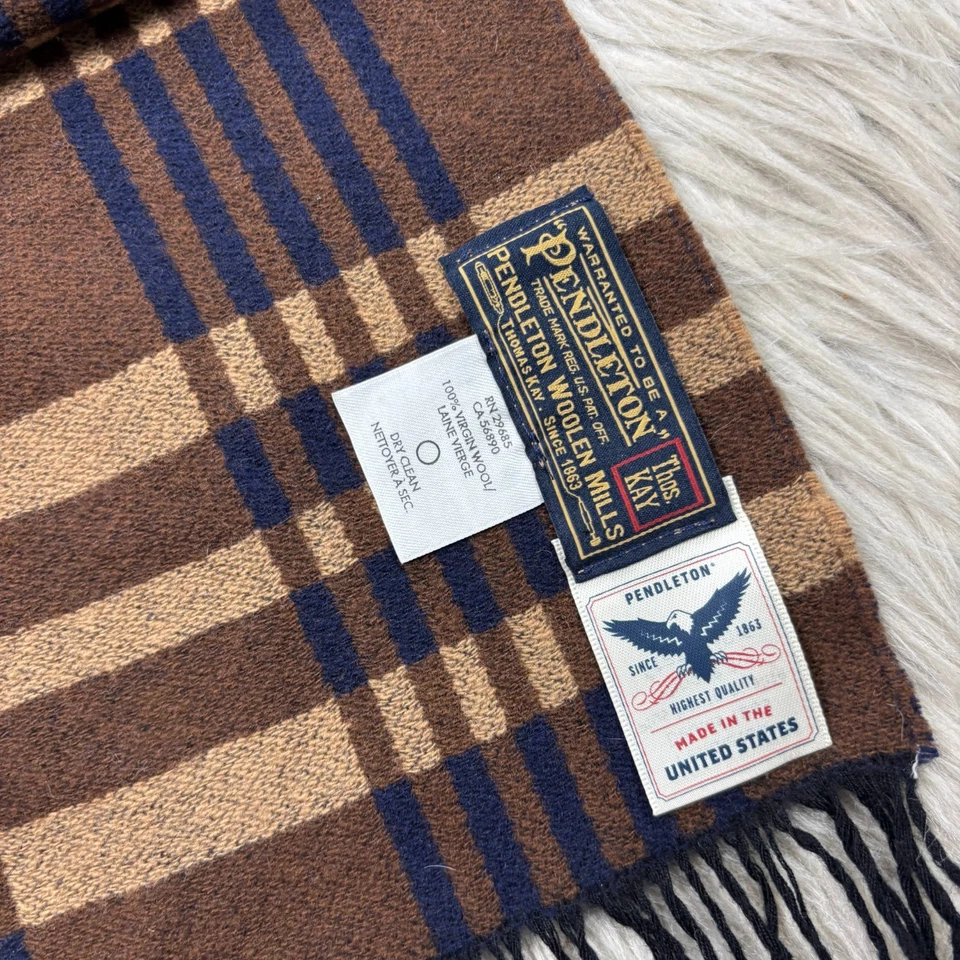 Pendleton Hecho en EE. UU. Marrón Azul Marino Tostado Bufanda A Cuadros Envoltura Lana Virgen Herencia Foto 2 de 3