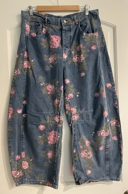 ee:some Wide-Leg Jeans High Rise Blue Medium Wash Floral Button Pockets L