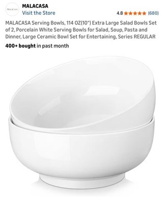 MALACASA Serving Bowls, 114 OZ(10'') Extra Large Salad Bowls Set of 2, Porcelain