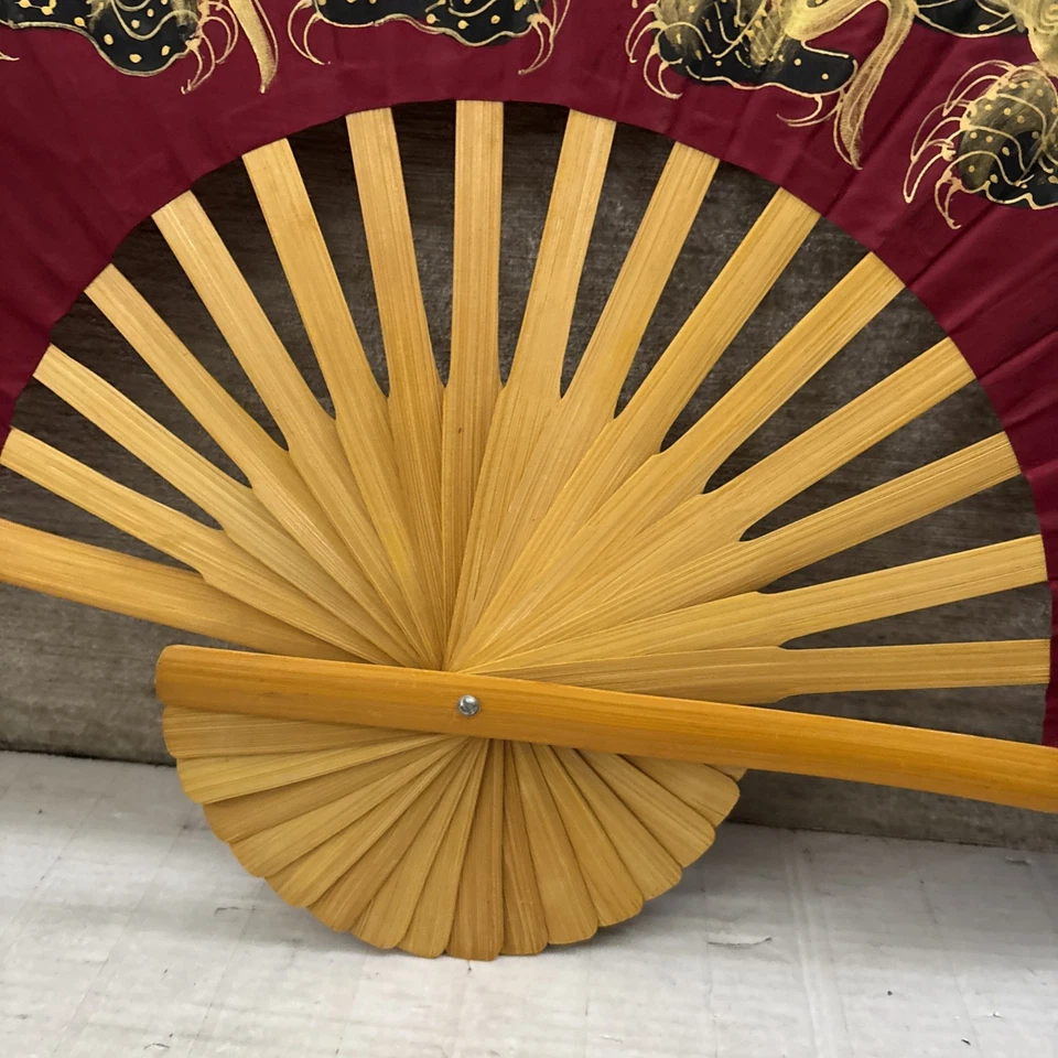 Decorative Dragon Wall Fan Hand Painted Large Vintage 40” X 24” Red Asian Decor - Image 3 of 4