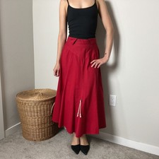 vintage red cotton high waisted western prairie concho a line midi skirt