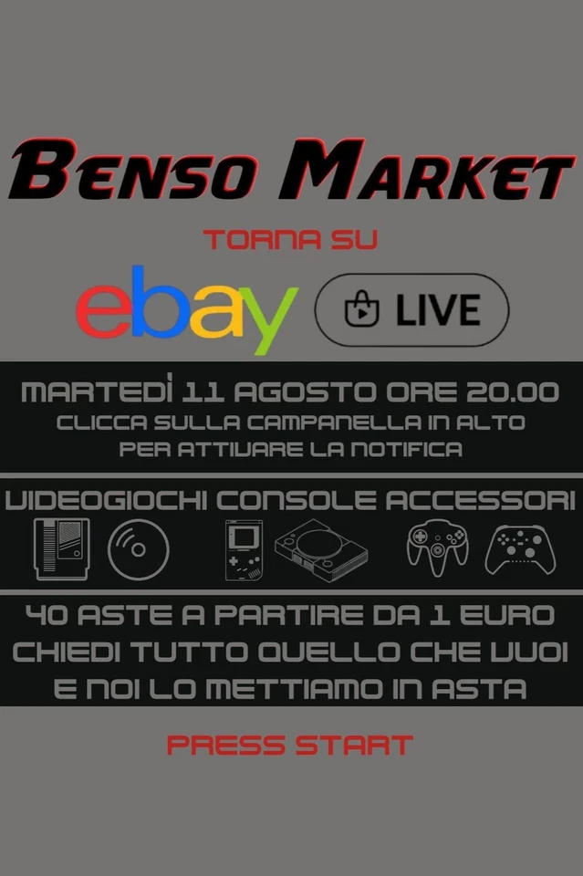 Benso Market su eBay LIVE! Videogiochi e console retrogaming in asta da 1€!