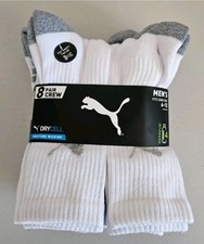 Puma Men's Crew Socks White 8 Pair New Shoe Size 6-12 Moisture Wicking Drycell