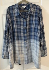J Jill Womens Ombré Dip Dye Plaid Button Up Shirt Plus Size 2X Cotton