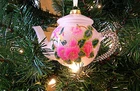 Vtg 2001 Dillard’s Milk Glass 5" Teapot Christmas Ornament Hummingbirds Flowers
