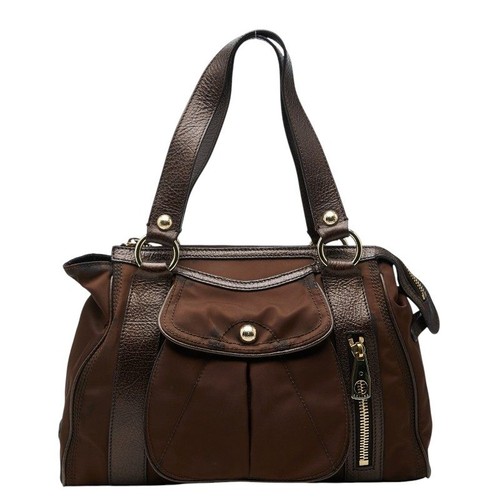 Celine Anagram Nylon Leather Handbag Women Brown One Size