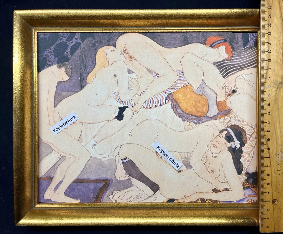 Kunstdruck des Expressionisten Willy Jaeckel „Die Orgie“ 1924 im gold Holzrahmen - Bild 2 von 3