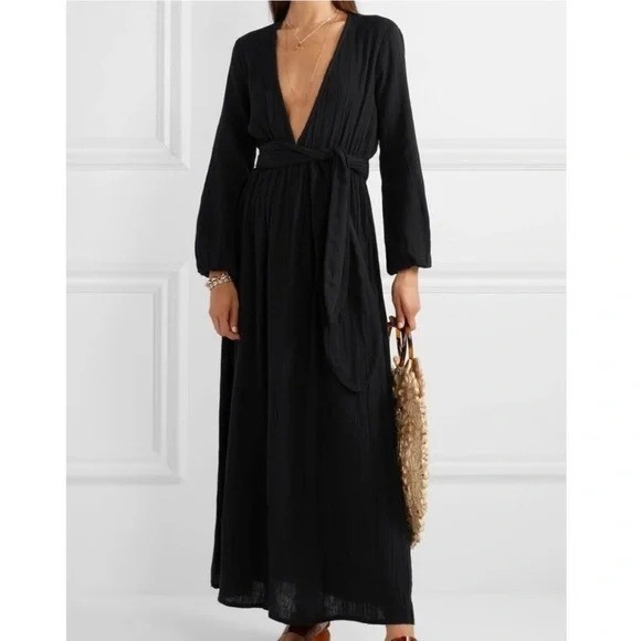 Mara Hoffman Swim Black Coverup Luna Crinkled Organic Cotton Maxi Dress Size S