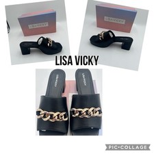 Lisa Vicky Black Sheep Nappa Platform Sandals Gold Chain Detail Block Heel 7.5M