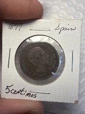 1877 Spanish Coin 5 Centimos  King Alfonso XII Spain Coat Of Arms  Nice