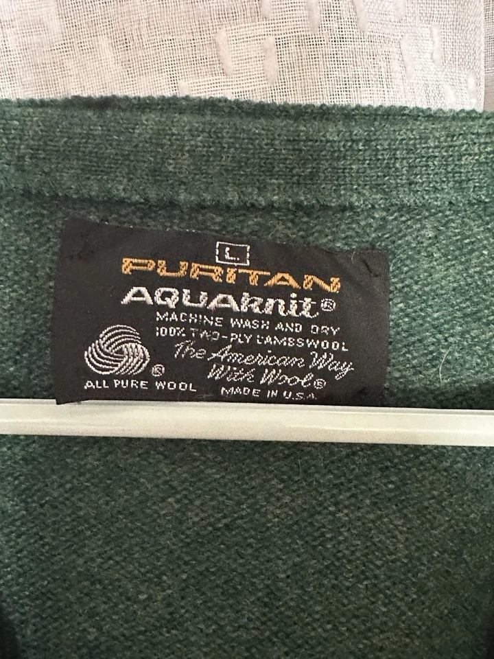 Vintage Puritan Cardigan Mens Large Green 100 Wool Knit 60s 50s Sweater Varsity - Image 4 of 4