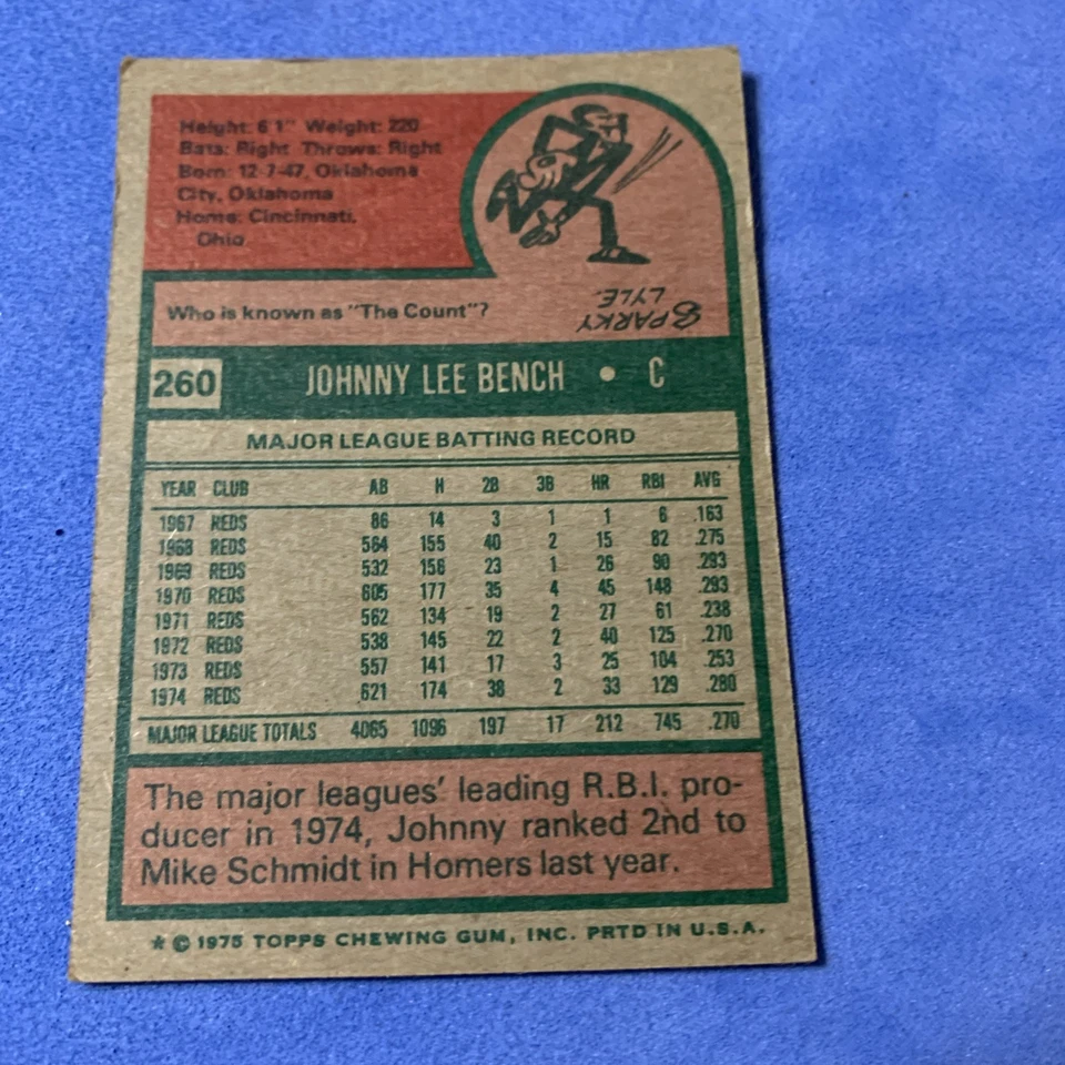 Topps 1975 - Johnny Bench #260 Foto 2 de 2