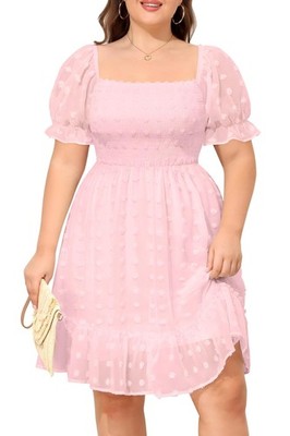 Plus Size Square Neck Graduation Summer Casual Sundress Chiffon Swiss Dot Ruf...