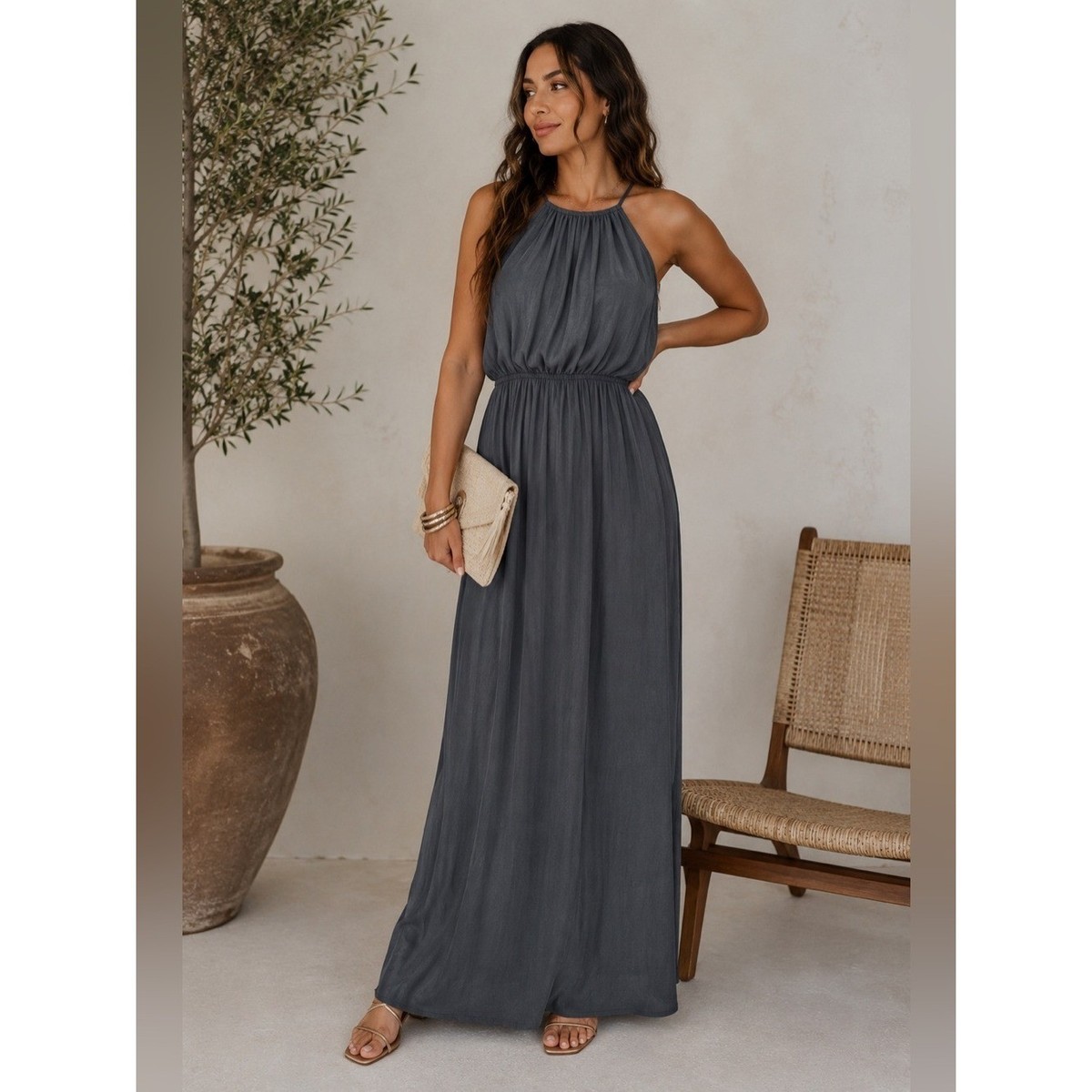 gray halter maxi dress H&M Conscious Open Back Tie Sleeveless Flowy Medium summer halter dress