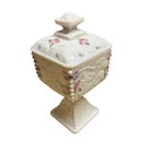 VTG Westmoreland Milk Glass Beaded Edge Square Grape Pedestal Candy Bowl Jar 7”