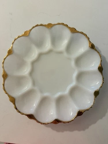 Vintage Anchor Hocking Fire King Milk Glass with Gold Trim Deviled Egg ‘s Plate