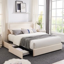 Bed Frame with 4 Storage Drawers Full Queen Size Wood Platform Velvet Headboard