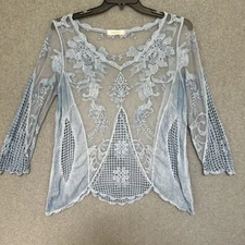 Simply Couture Top XL Blue Sheer Long Sleeve Crochet Mesh Lace Cottagecore Fairy
