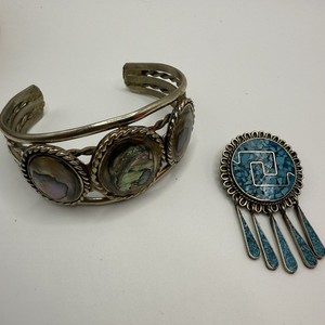 Vintage Mexico Alpaca Silver Turquoise Pin Pendant & Abalone Cuff Bracelet Lot