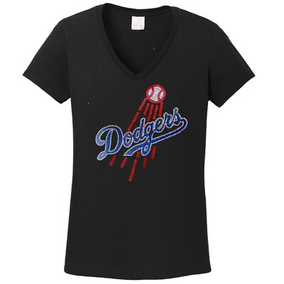 Women's Los Angeles Dodgers v neck t shirt rhinestone lots