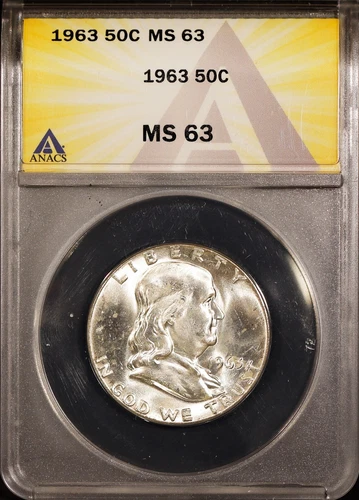 1963 50c Silver Franklin Half-dollar MS 63 ANACS # 7577404 + Bonus