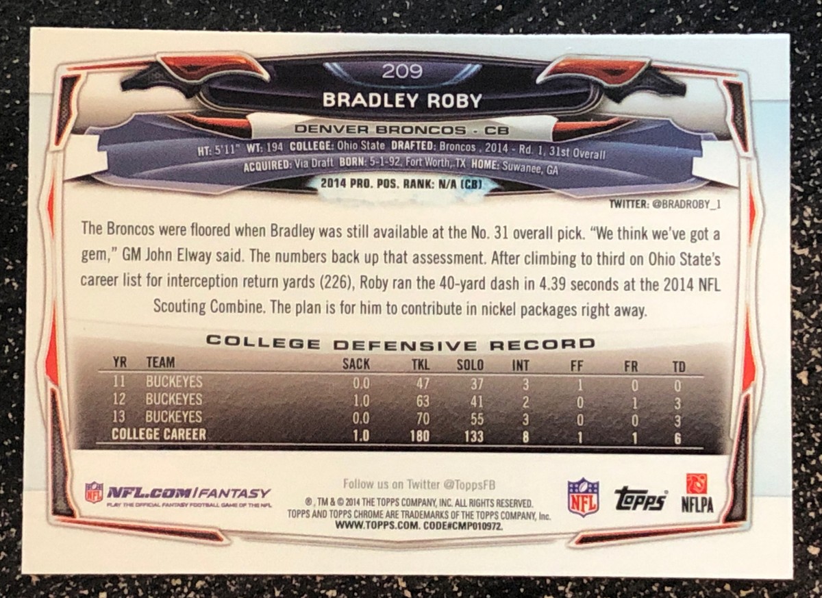 2014 Topps Chrome Blue Wave Refractors #209 Bradley Roby | eBay