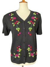 Vintage Lisa International Black Embroidered Floral Cardigan Sweater Women Large