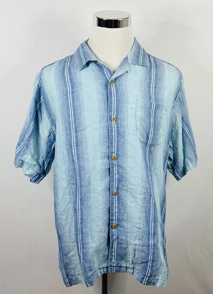 Tommy Bahama 100% Linen Large Original Fit Hawaiian Aloha Shirt Striped Blue - Image 2 of 4