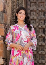 Women's Floral Print Muslin Kurta Pyjama Set with Lace Trim