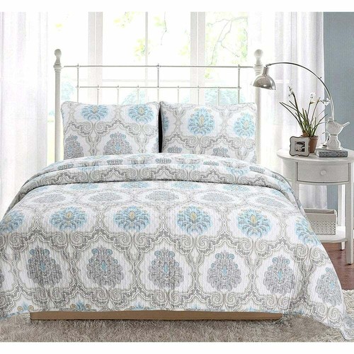 NEW! ~ COZY MODERN COTTAGE CHIC WHITE BEACH AQUA BLUE GREY MEDALLION QUILT SET - Picture 2 of 4
