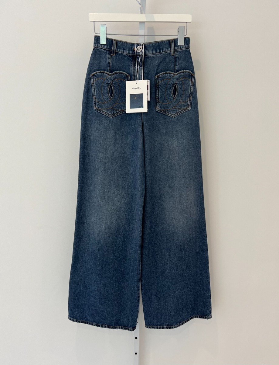 CHANEL 24P HEART POCKET WIDE LEG LONG STYLE JEANS SIZE FR 34 / 2