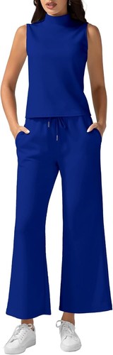 Two Piece Sets Women Summer Lounge Mock Neck Tops Wide Leg Crop Pants Outfits - Picture 157 of 180