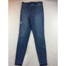 SPANX Women's Denim Jeans Blue Distressed Frayed Hem Skinny Leg Pull On Size M