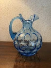 Vintage Fenton  Blue Glass Coin Dot Optic 6 3/4” Inch Pitcher Right Ruffled Edge