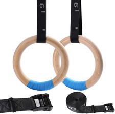 Wood Gymnastic Rings with Adjustable Number Suspension Trainer Straps with Cam B
