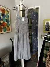 mila mae navy white striped smocked midi sundress ruffle straps sleeveless l