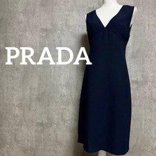 PRADA V Neck Sleeveless Dress Chest 41cm Length 95cm Navy Size 40